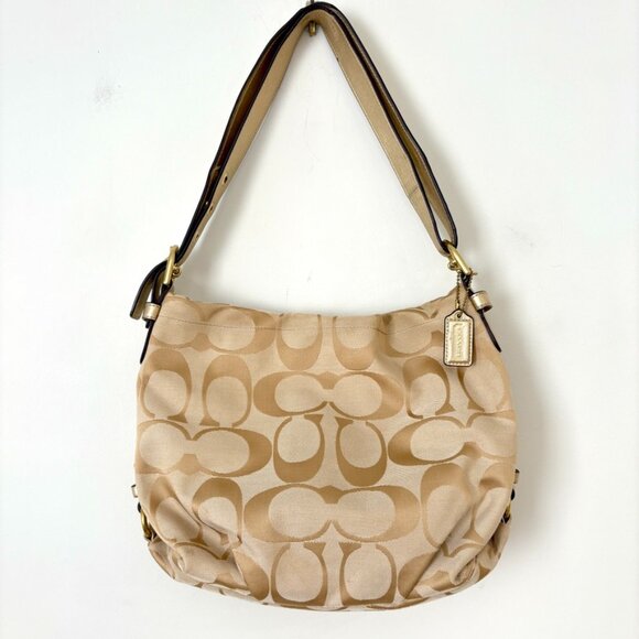Coach Signature Hobo Shoulder Bag F15067 Khaki Gold Pink Interior 2000s Y2K - Picture 1 of 13